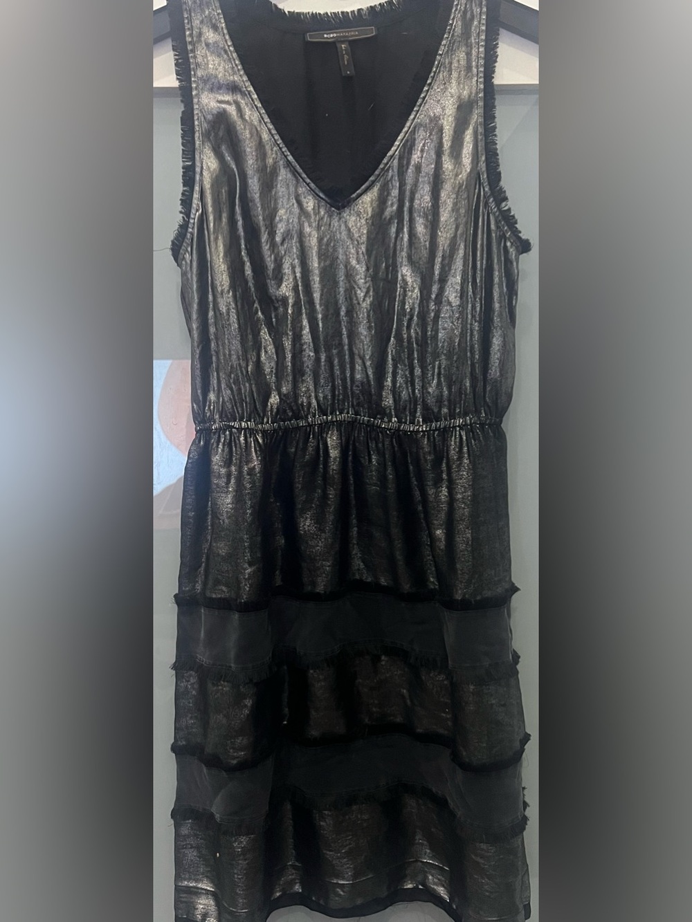 BCBG MAXAZRIA Metallic Black Sleeveless V-Neck Peplum Dress Size S